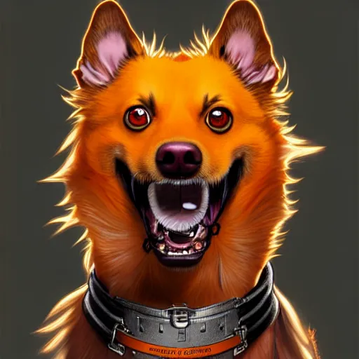 Image similar to orange and brown skinned dog with crazed eyes, and a strained toothy grin smile. has spiky long unwashed hair. he wears a metalic dog collar, smooth, sharp focus, illustration, art by artgerm and greg rutkowski and alphonse mucha