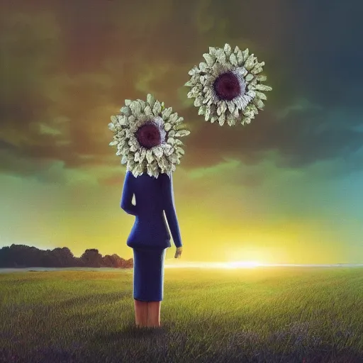 Image similar to giant daisy flower head, standing frontal, a girl in a suit, surreal photography, sunrise, dramatic light, impressionist painting, digital painting, artstation, simon stalenhag