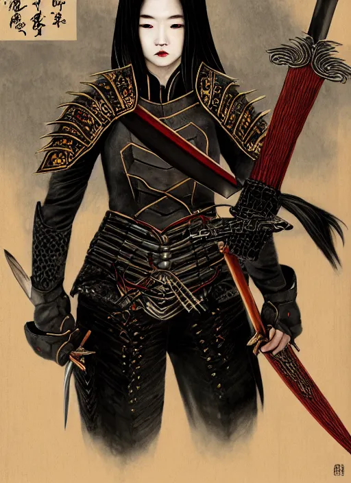 Image similar to full portrait of female vampire jinyiwei wearing black heavy armor and pointed helmet, agile, absurdly beautiful, facial scar, imposing, jinyiwei, embroidered uniform guard, secret agent, detective, chinese armor, historical armor, pointed helmet, katana, nodachi, japanese sword, ming dynasty, detailed, realistic face, anatomically accurate, fantasy art.