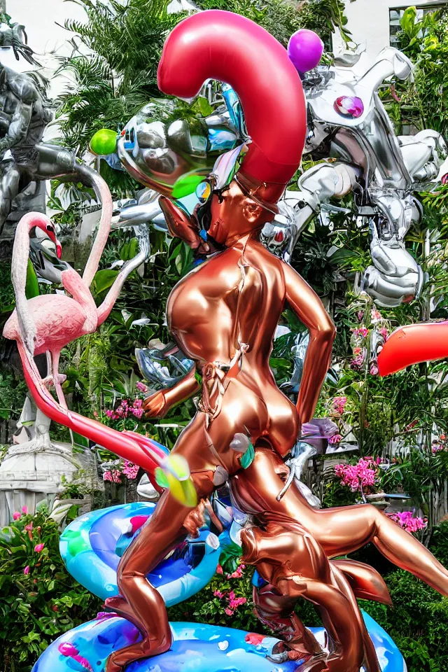 Prompt: close - up of a cyborg chrome nymph statue wrestling with a giant inflatable flamingo pool float, surrounded by medinilla magnifica flowers and smoke, by jeff koons, hajime soryama, boris vallejo, artgerm, greg rutkowski, alphonse mucha