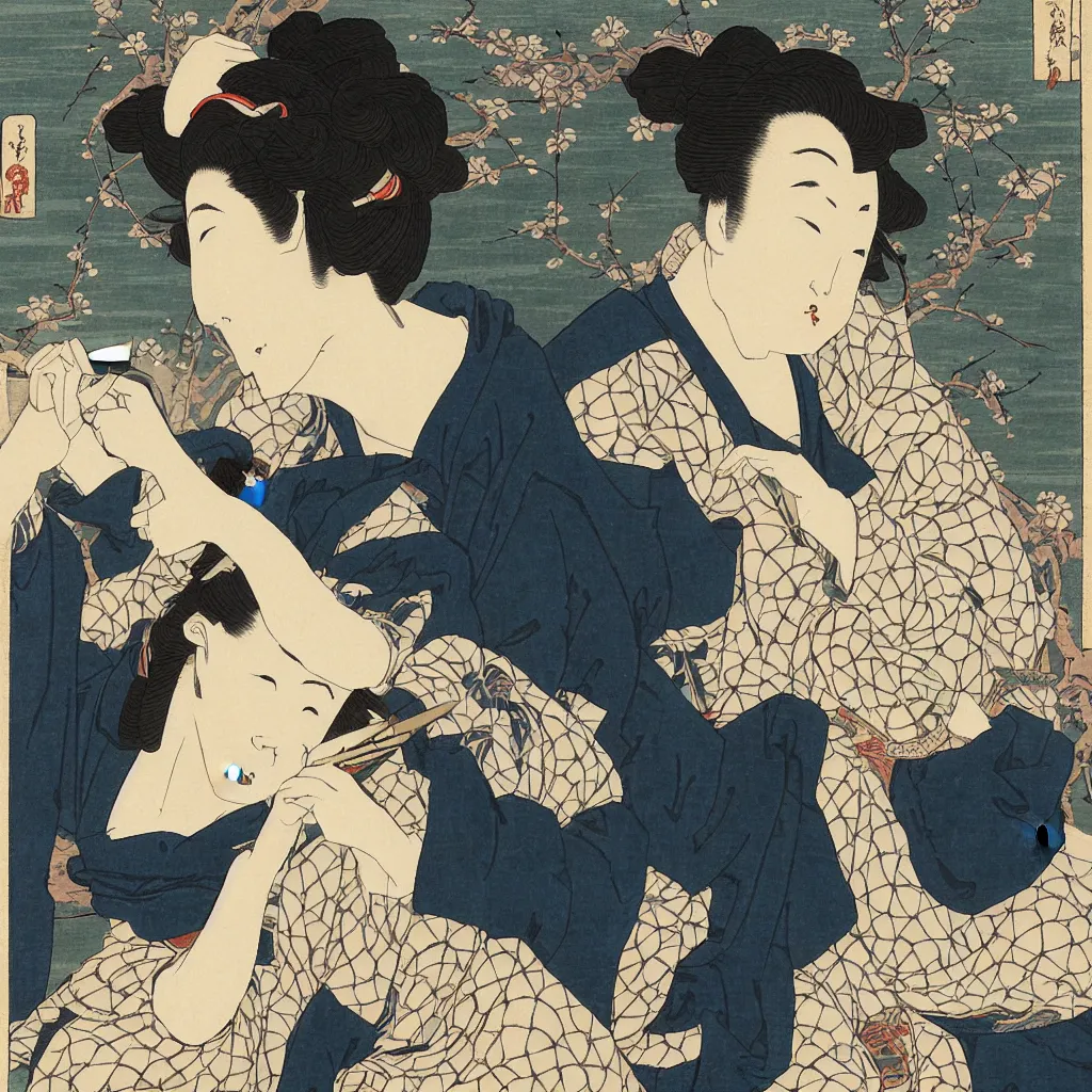 Image similar to i, a beautiful woman playing her iphone, by hokusai