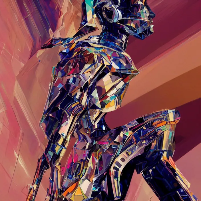 Image similar to cyborg princess, full body, high fashion, futurism, aerodynamic, flowing, intricate, slick, highly detailed, digital painting, vogue, concept art, smooth, sharp focus, hd, art by syd mead and kandinsky and annie leibovitz