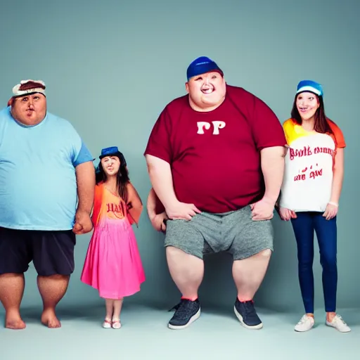 Image similar to very obese man with a t-shirt and a cap with the letter P, with his brunette wife and two daughters