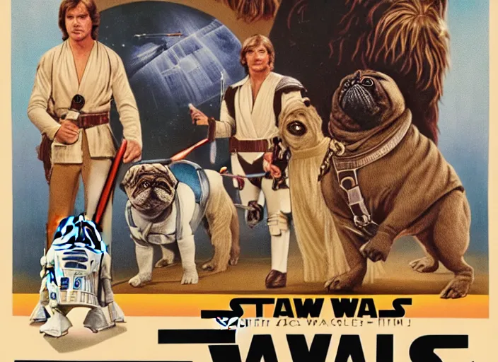 Prompt: vintage 1 9 7 7 star wars episode iv a new hope movie poster, with pugs instead of people