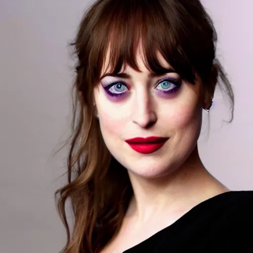 Image similar to beautiful dakota johnson with joker makeup, highly detailed, realistic face, detailed face, amazing digital art