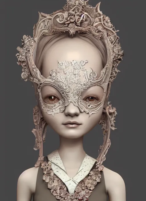 Image similar to closeup portrait a beautiful woman wearing a porcelain mask, moebius : 1 0, mark ryden : 5, popovy sisters : 1 0, intricate, hyperdetailed, bjd, trending on artstation : 3