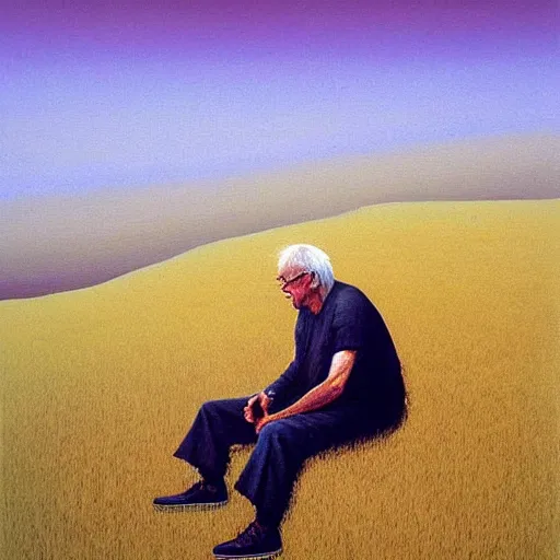 Prompt: a coherent award - winning beautiful!!! portrait of a calm bernie sanders!, sitting on a beautiful pleasant hill, painted by zdzislaw beksinski