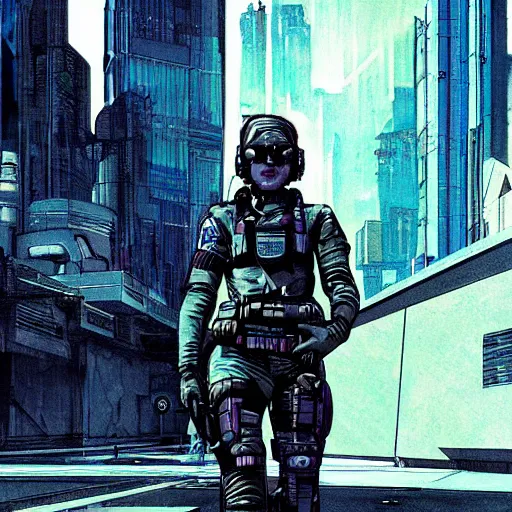 Prompt: Selina. USN special forces futuristic recon operator, cyberpunk headset, on patrol in the Australian autonomous zone, deserted city skyline. 2087. Concept art by James Gurney and Alphonso Mucha