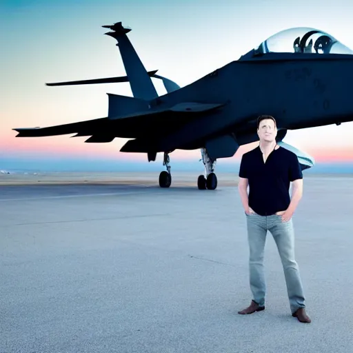 Image similar to elon musk, wearing a dark blue polo shirt, standing near fighter jet on an empty runway at dusk, high detail, volumetric lights, professional high quality studio photo from vogue magazine