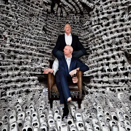 Image similar to jeffrey bezos sitting on a throne made of skulls, brutal, professional photography, artistic cinematography, ultra detailed, backlighting, sinister, laughing, mist, beautiful, 8k, lovely, trending, clear