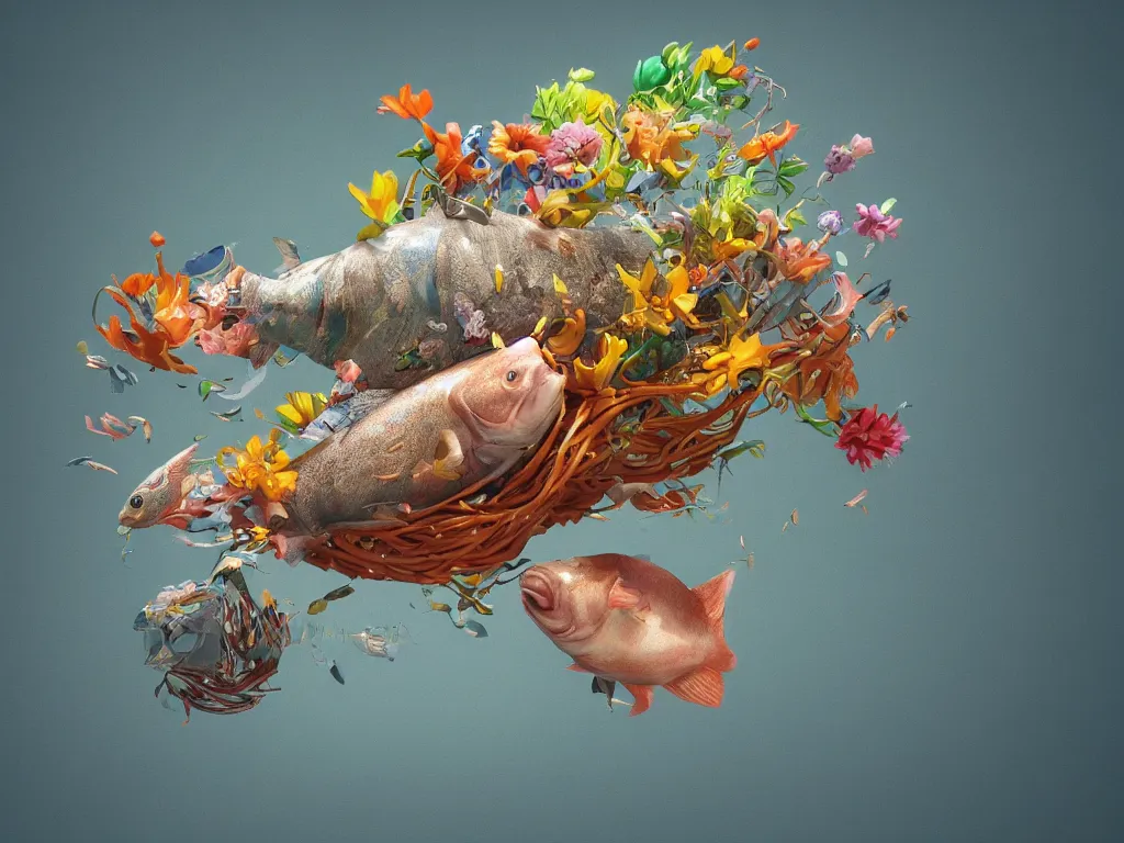 Image similar to a sculpture of fish ocean intertwined, a lovely cornucopia of flowers and cows, body parts, highly detailed, octane render, cinematic, shock, sharp focus, ball, an independent psycho, clean