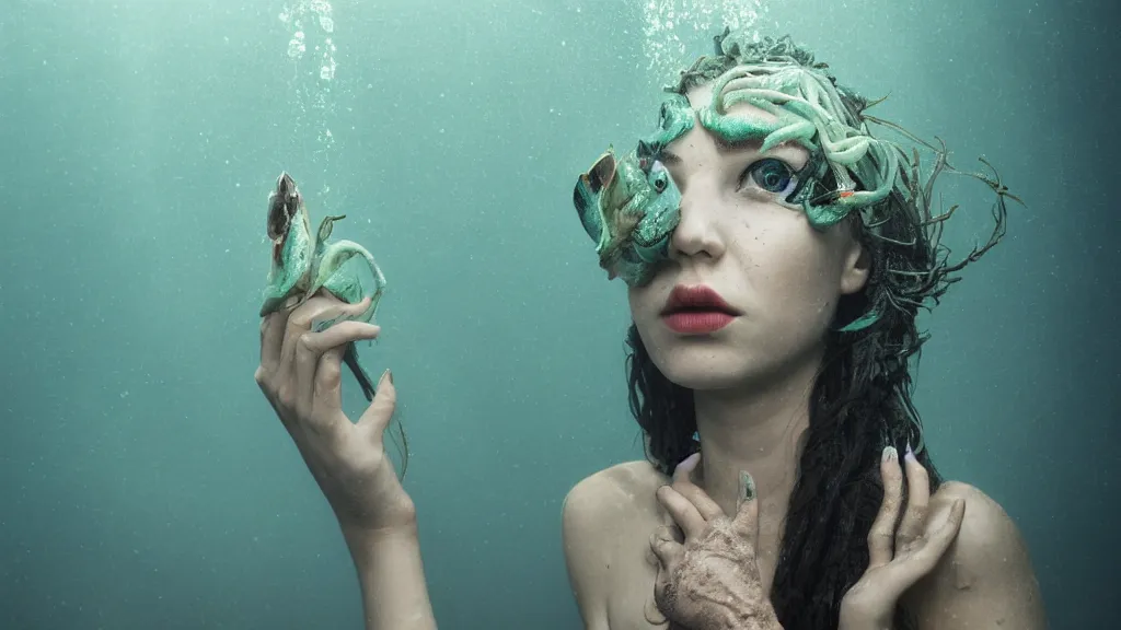 Image similar to Portrait of a woman underwater, fish hooks, seaweed, highly detailed, yuumei, Adam duff lucidpixel, natural lighting, dark atmosphere