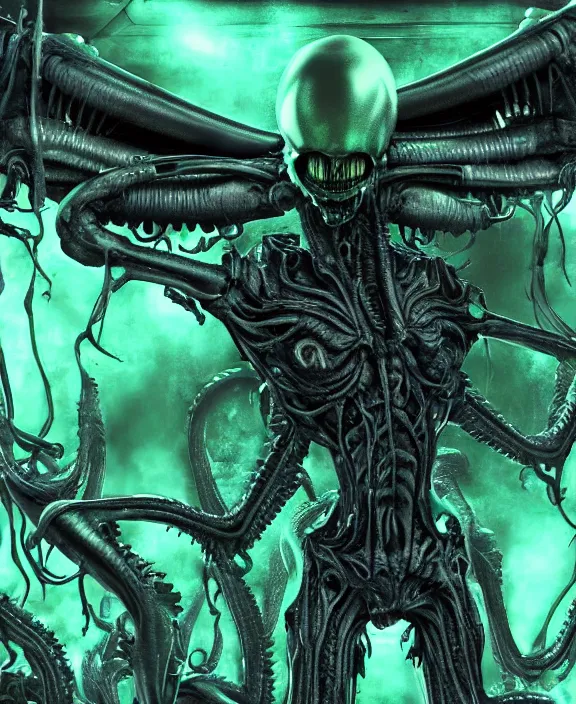 Image similar to xenomorph borg queen goth supermodel skull eyes hybrid, dragon eggs, dark emerald mist colors, giger background liminal void, cinematic lighting, realistic, award winning photograph, various refining methods, micro macro autofocus