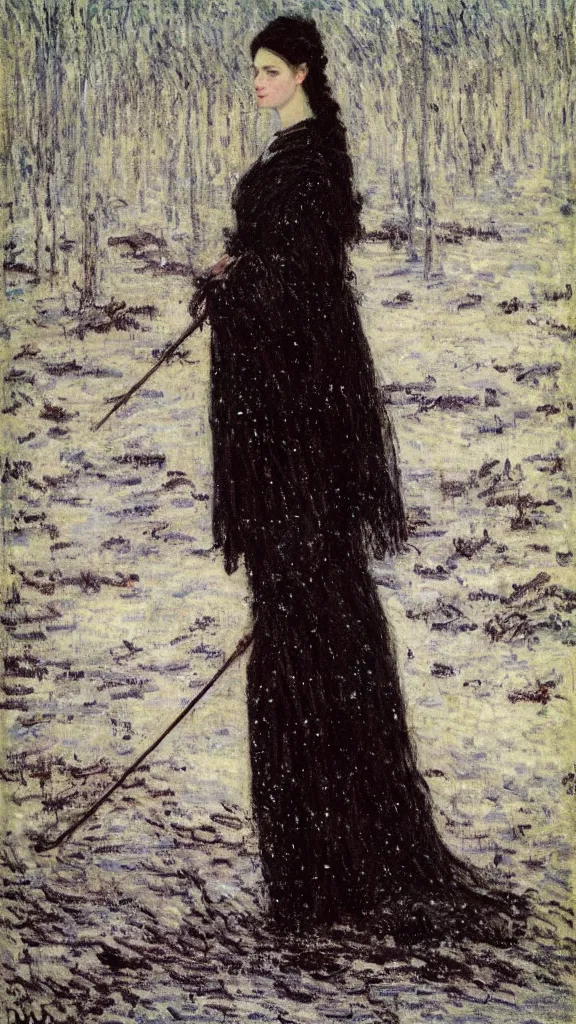 Image similar to a tall woman with very black hair and pale skin with a crown and a spear in her hand in a snowy landscape, fine art, splatter paint, impressionist mosaic, light art, complimentary - colors, tones of black in background, 2. 5 - dimensional, cinematic lighting, by claude monet, by pre - raphaelite brotherhood : : john everett millais gustav klimt