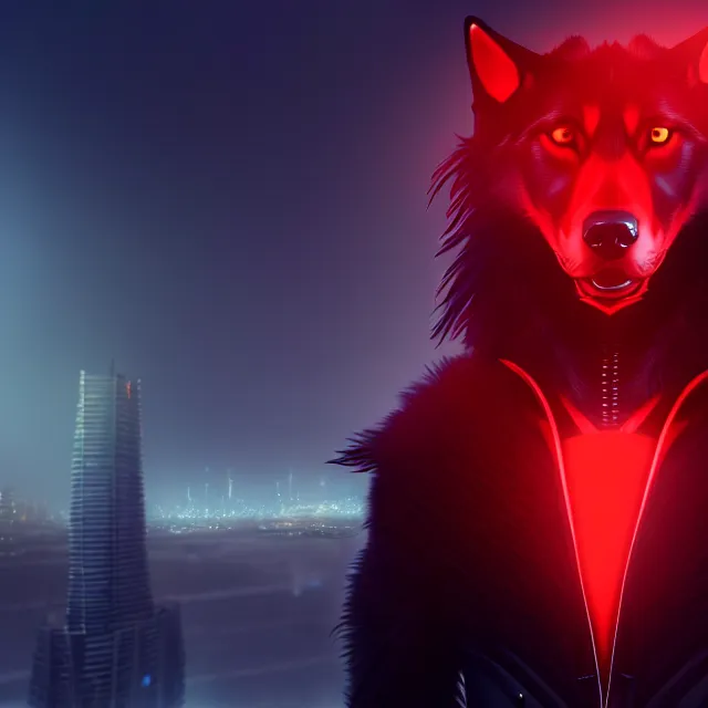 Image similar to portrait of a anthropomorphic black male wolf with red long red hair wearing futuristic clothes in a futuristic city | | concept art, 4 k, volumetric lighting, highly detailed, trending on artstation