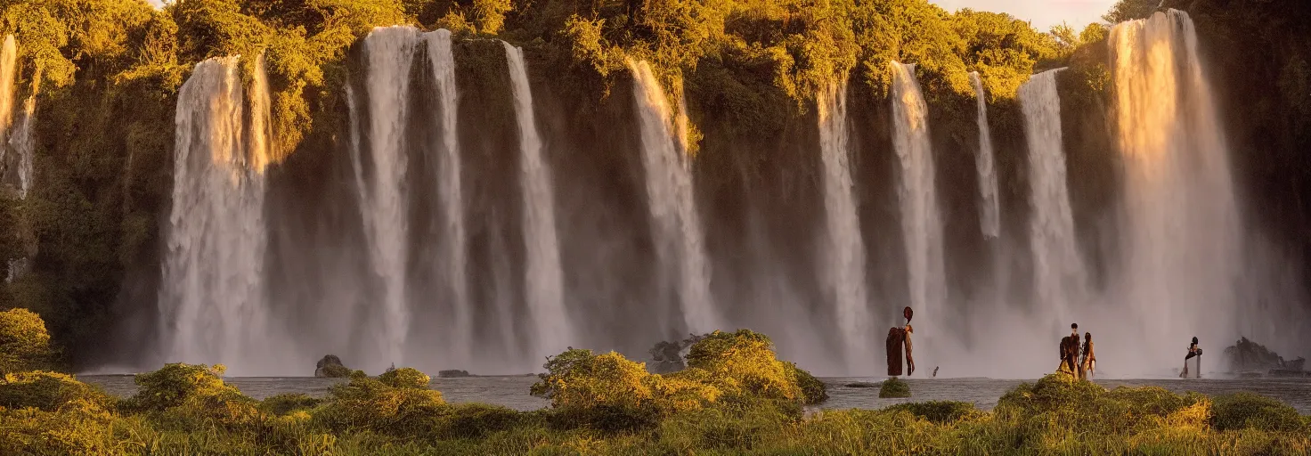 Prompt: dang ngo, annie leibovitz, steve mccurry, a simply breathtaking shot of mediating mon, giant waterfall, golden hour, golden ratio, wide shot, symmetrical