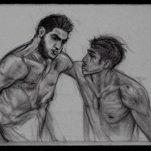 Prompt: 20 year old Mediterranean man fighting an 18 year old Mediterranean man, biblical clothing, highly realistic charcoal sketch