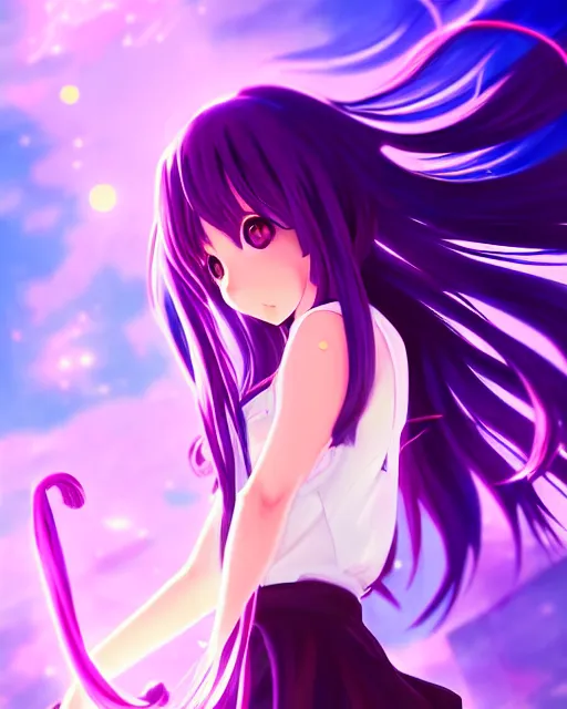 Image similar to anime style, vivid, expressive, full body, 4 k, painting, a cute magical girl with a long wavy black hair, stunning, realistic light and shadow effects, centered, violet sunlight, simple background, studio ghibly makoto shinkai yuji yamaguchi