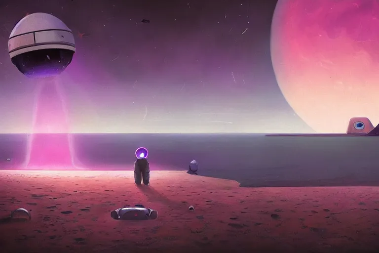 Prompt: astronaut sitting at the beach next to his spaceship on a pink, blue, purple alien planet watching a black hole, surreal photography, dark night, stars, planets, moon light, impressionist painting, clouds, digital painting, artstation, simon stalenhag