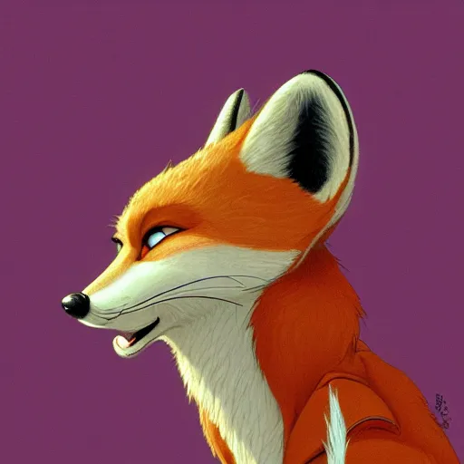 Prompt: a side - view profile portrait of an anthropomorphic fox, zootopia!!, by greg hildebrandt!!! and greg rutkowski
