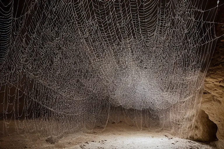 Prompt: portrait of a dusty armored skeleton covered in webs in an atmospheric cave By Emmanuel Lubezki