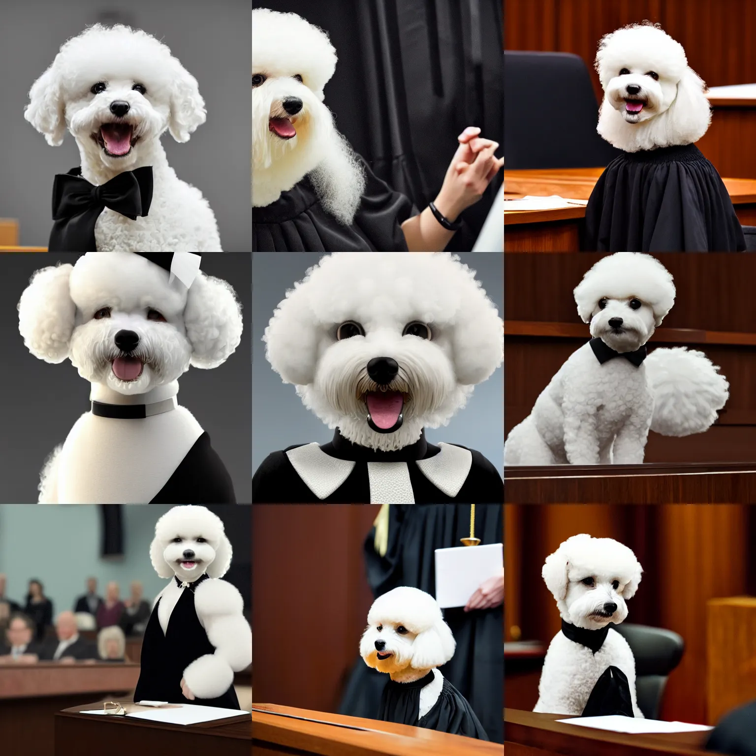 Image similar to a closeup photorealistic photograph of a cute smiling white bichon frise judge wearing a black gown and speaking to the courtroom. this 4 k hd image is trending on artstation, featured on behance, well - rendered, extra crisp, features intricate detail, epic composition and the style of unreal engine.