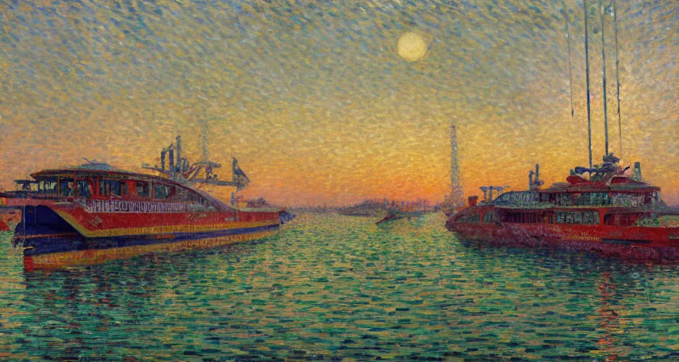 Prompt: detailed close - up of a side view full shot of a solarpunk futuristic neon robotic cyberpunk steamboat in the senna river, people waving, impressionism, oil on canvas, natural colors, horizon, golden hour, masterpiece, detailed, by gustave caillebotte, wlop, mucha, greg rutkowski