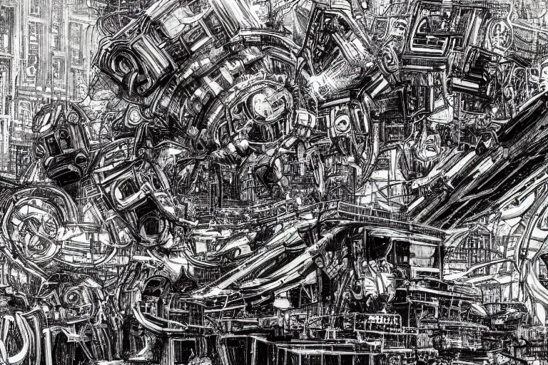 Image similar to ''robotic giant machines, chaotic atmosphere, blurry, cinematic, drawing''