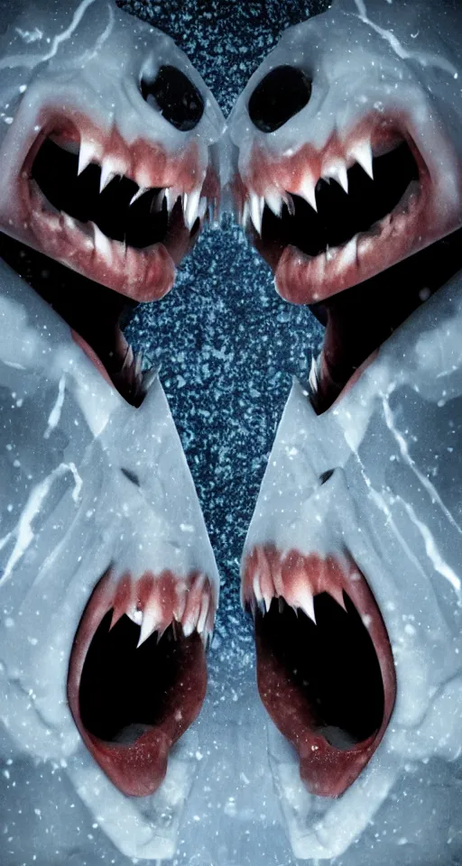 Prompt: up close shot of two vampire fangs, winter, dark scenery, dark lighting, cinematic, cold freezing nights, laser lights, crybernetic, top floor boss shit, destroy lonely, black floor, lavish, luxurious, marble walls, cinematic, hyper realism, high detail, octane render, 8 k