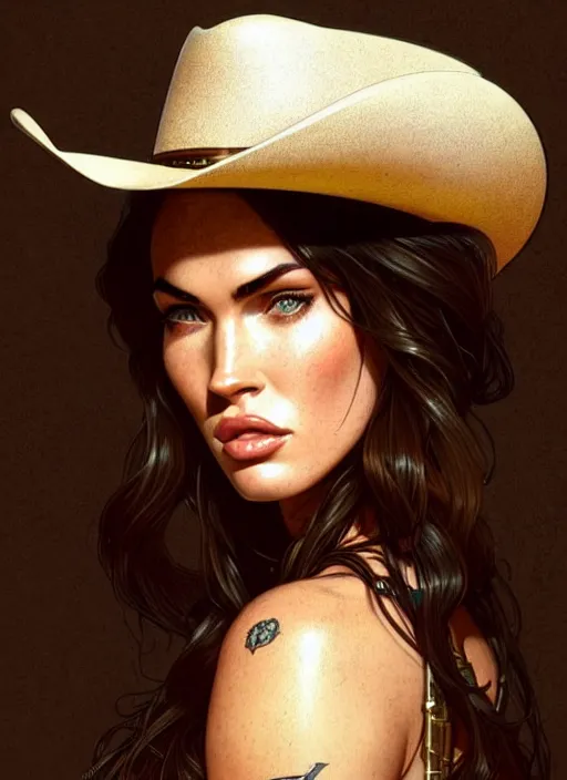 Image similar to portrait of megan fox as cowboy, 1 8 9 0, western, hat, colt, intricate, headshot, highly detailed, digital painting, artstation, concept art, sharp focus, cinematic lighting, illustration, art by artgerm and greg rutkowski, alphonse mucha, cgsociety