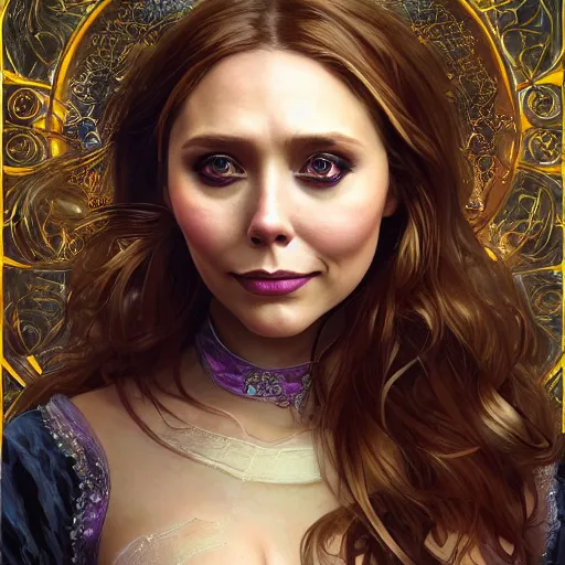 Prompt: portrait of Elizabeth Olsen as a sorceress, looking at camera, D&D, intricate, elegant, stylish, cute smile, mouth slightly open, fantasy, extremely detailed, digital painting, artstation, concept art, smooth, sharp focus, illustration, stunning lighting, art by artgerm and greg rutkowski and alphonse mucha and simon stalenhag.