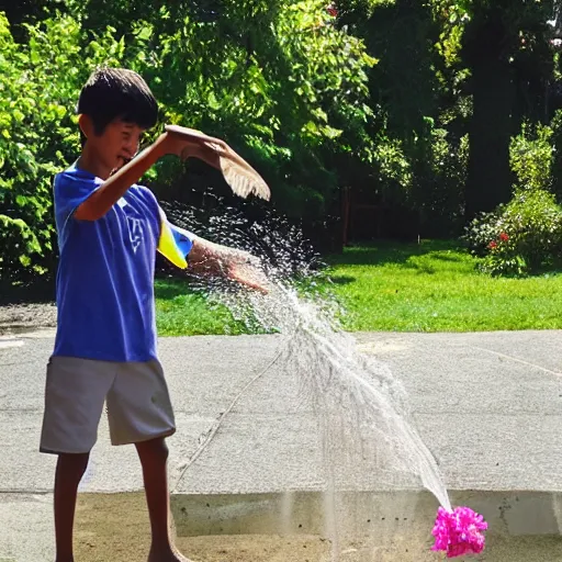 Image similar to a boy throw water to a beautiful flower