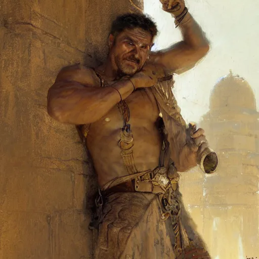 Prompt: a scrappy bronze age thief man, ancient mesopotamia, hiding, opportunistic expression, sword and sandal character portrait by gaston bussiere, craig mullins, greg rutkowski
