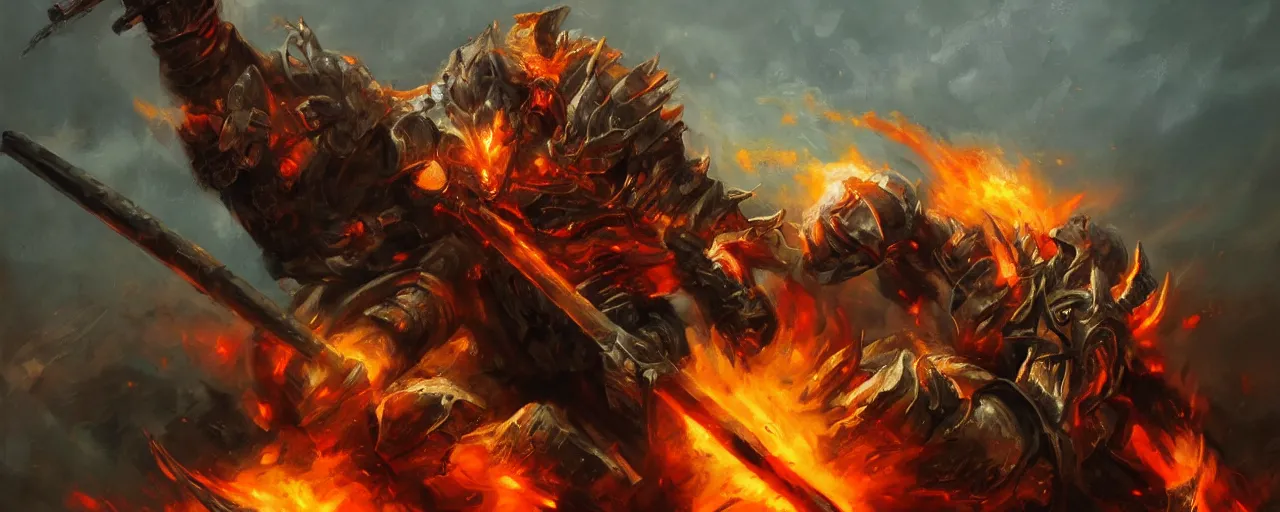 Image similar to a beautiful brutal warrior brutally destroys his enemies on the battlefield, wrath flame and ruin, oil painting, trending on artstation