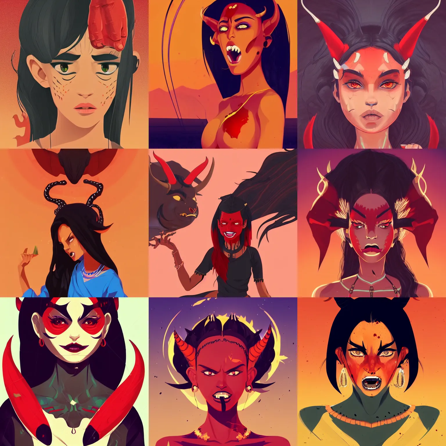 Prompt: portrait of an intimidating berber demon woman with red skin, devil horns and black hair in a desert, clean cel shaded vector art. shutterstock. behance hd by lois van baarle, artgerm, helen huang, by makoto shinkai and ilya kuvshinov, rossdraws, illustration