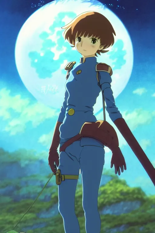 Image similar to anime art full body portrait character nausicaa by hayao miyazaki concept art, anime key visual of elegant young female, short brown hair and large eyes, finely detailed perfect face delicate features directed gaze, forest background, trending on pixiv fanbox, studio ghibli, extremely high quality artwork by kushart krenz cute sparkling eyes