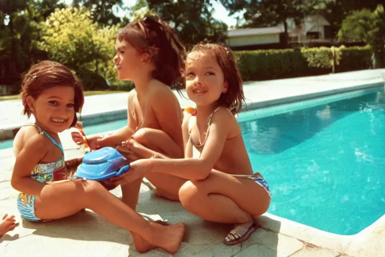 Prompt: toddlers in the summer, pool, year 2000s, nostalgic, detailed