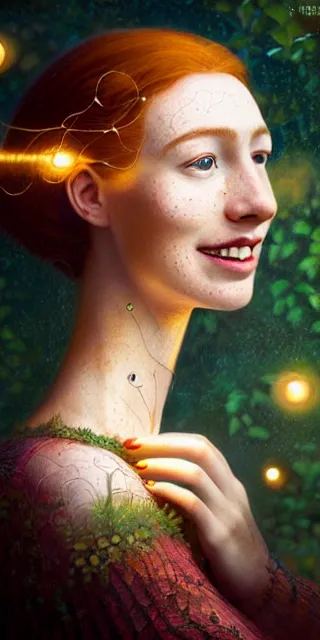 Prompt: young woman, serene smile surrounded by golden firefly lights, amidst nature fully covered by a intricate detailed dress, long red hair, precise linework, accurate green eyes, small nose with freckles, smooth oval shape face, empathic, expressive emotions, spiritual scene, hyper realistic ultrafine art by artemisia gentileschi, jessica rossier, boris vallejo