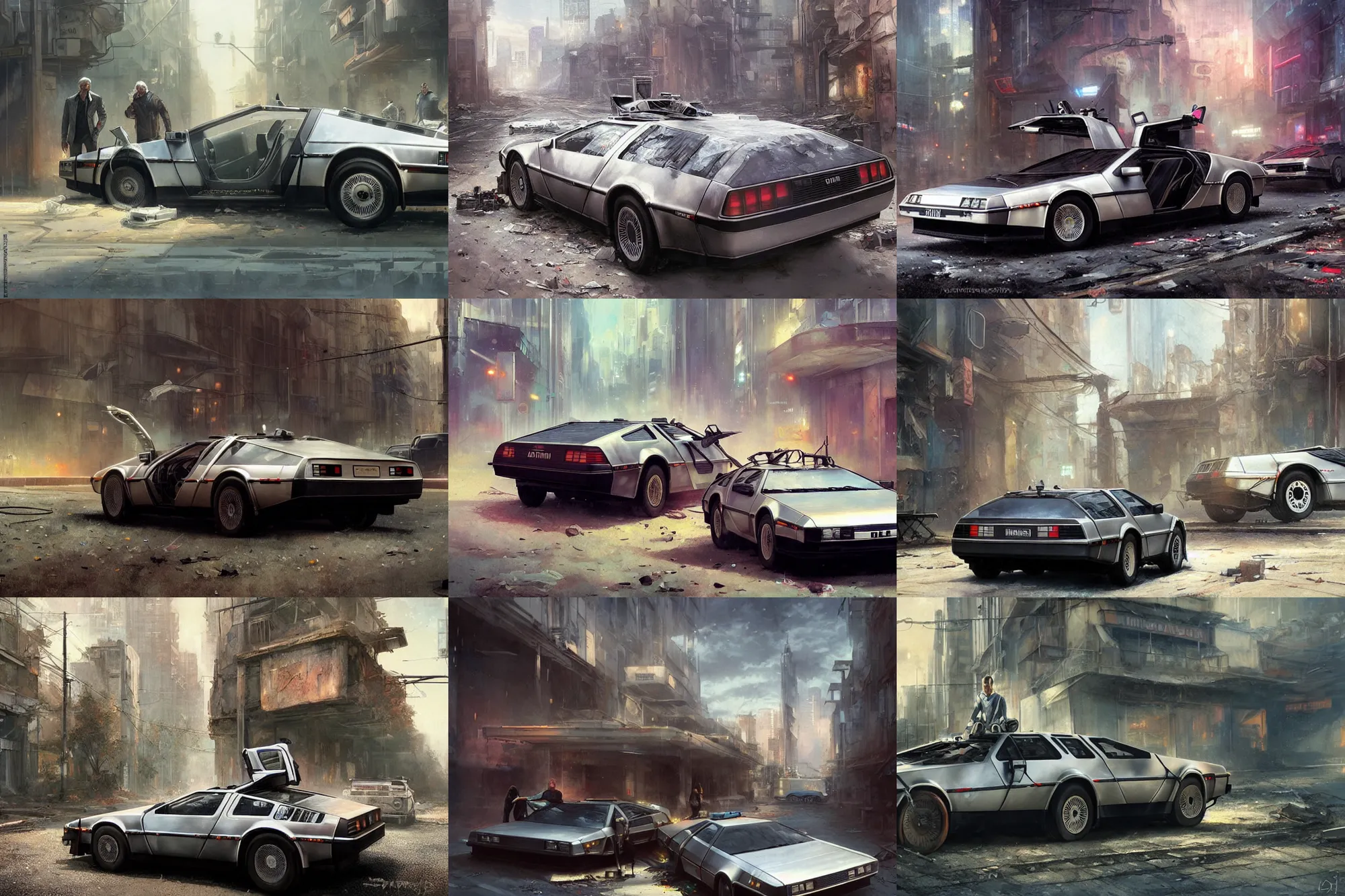 Prompt: movie still, delorean doors is open, with a sleek spoiler, driving down the streets of a cyberpunk abandoned city, by greg rutkowski, by stanley artgerm, by alphonse mucha