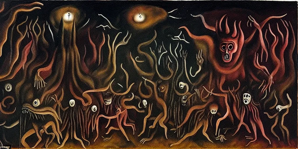 Prompt: repressed emotion creatures and monsters at the mouth of hell, dramatic lighting glow from giant fire, attempting to escape and start a revolution, in a dark surreal painting by leonora carrington