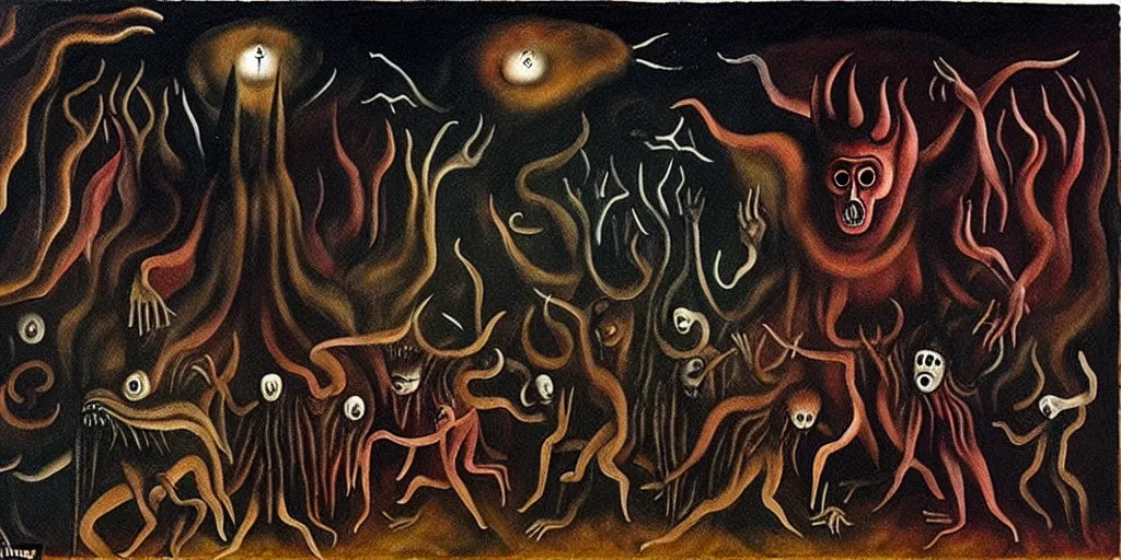 Image similar to repressed emotion creatures and monsters at the mouth of hell, dramatic lighting glow from giant fire, attempting to escape and start a revolution, in a dark surreal painting by leonora carrington