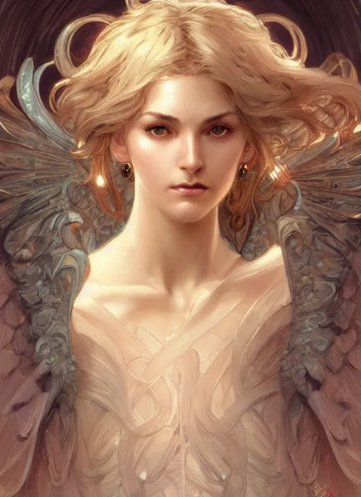 Image similar to close up portrait of beautiful angel, d & d, face, fantasy, intricate, elegant, highly detailed, digital painting, artstation, concept art, smooth, sharp focus, illustration, art by artgerm and greg rutkowski and alphonse mucha