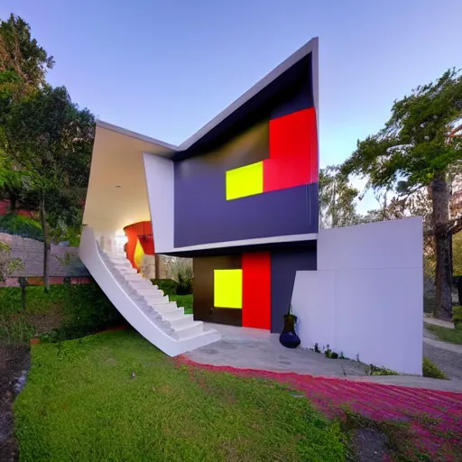 Image similar to a beautiful colorful modern house designed by Escher