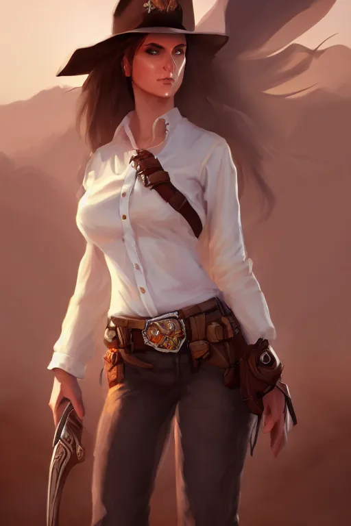 Image similar to full body, female cowgirl, perfect face, white blouse, holster, 8 k, magic the gathering, desert, d & d, artstation, high detail, smooth, sweaty