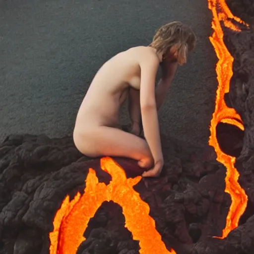 Image similar to a person bathing in lava, portrait photograph