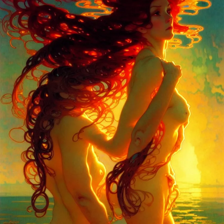 Image similar to sea of glossy liquid honey drops flowing like translucent amber, backlit, sunset, refracted lighting, art by collier, albert aublet, krenz cushart, artem demura, alphonse mucha