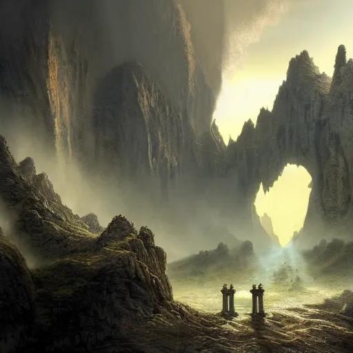 Prompt: A beautiful hyper realistic detailed matte painting of the entrance to a dungeon of the gods at the base of an ancient mountain, dramatic lighting, dynamic lighting, cinematic lighting, lit by morning light, by Raphael Lacoste and John Howe and Andreas Rocha, unreal engine, featured on artstation, ultrawide angle, f8, polarizer filter, lava, magma.