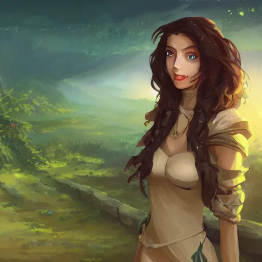 Image similar to portrait of a young beautiful woman with long dark brown hair, green eyes, tan skin, wearing a medieval rogue outfit, abandoned ruins landscape, nightime, fantasy rpg, ambient lighting, 8k, anime key visual, illustration, concept art, charlie bowater, lois van baarle, ilya kuvshinov, rossdraws, artstation