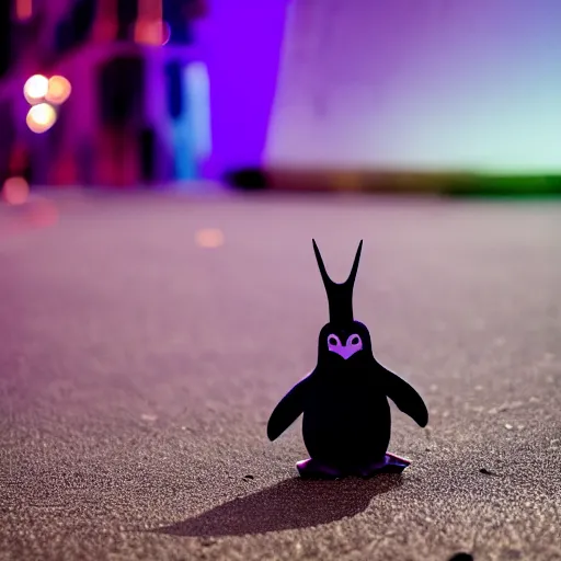 Image similar to Penguin creating magic purple magic satanic circles on the streets, 40nm, shallow depth of field, split lighting, 4k,