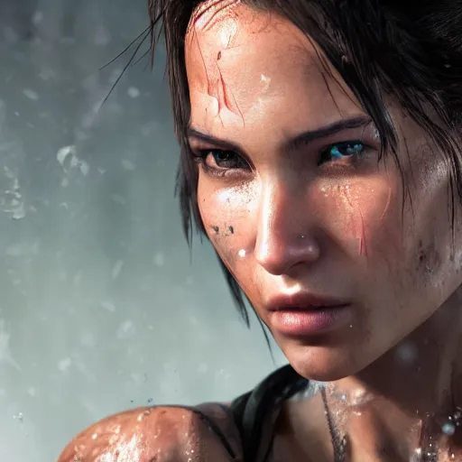 Image similar to Lara croft as samurai , wet face , heavy rain, dirt face ,dramatic, intricate, highly detailed, concept art, smooth, sharp focus, illustration, Unreal Engine 5, 8K